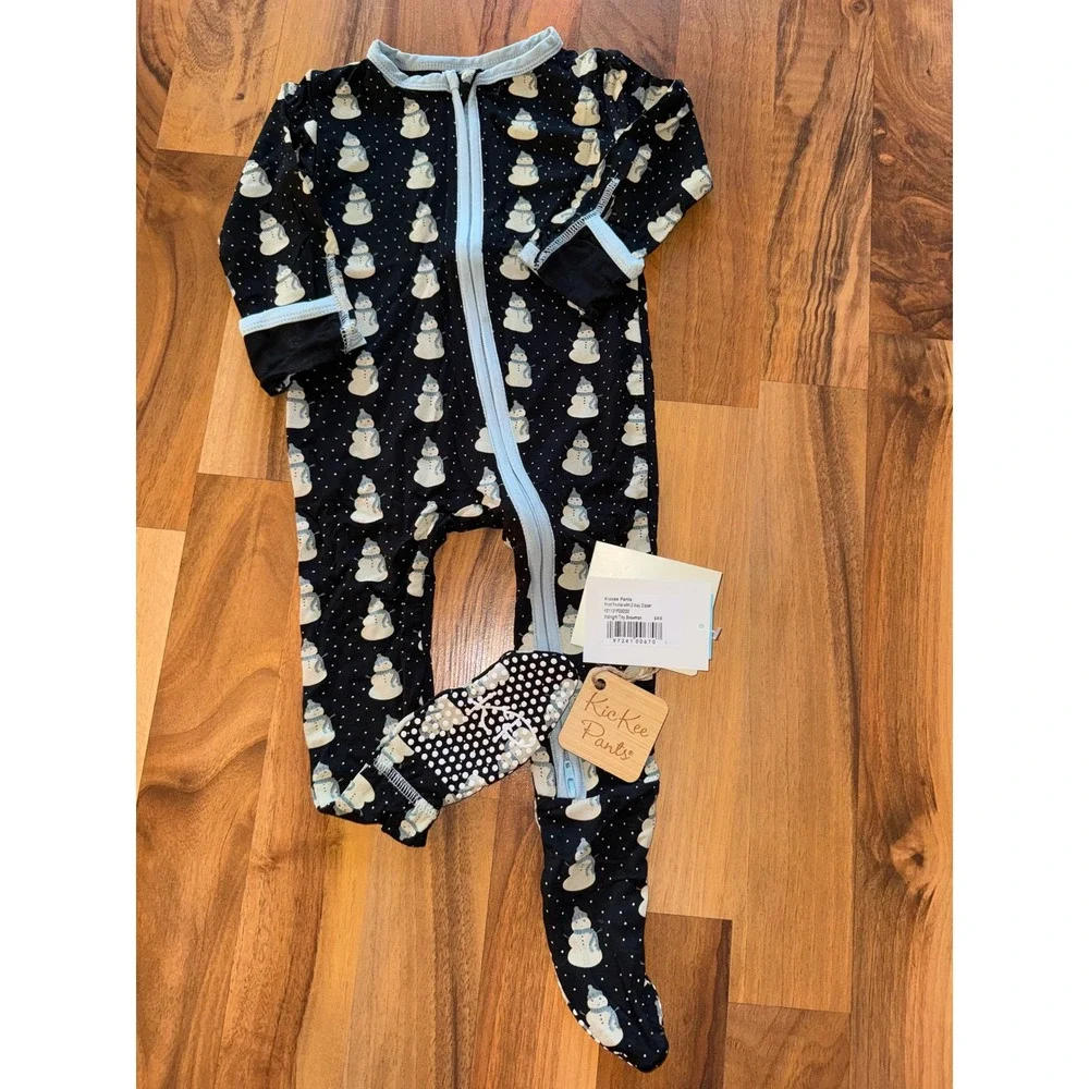KicKee Pants Footie 6-9M Midnight Tiny Snowman NEW Bamboo Pajamas‎ winter zip
